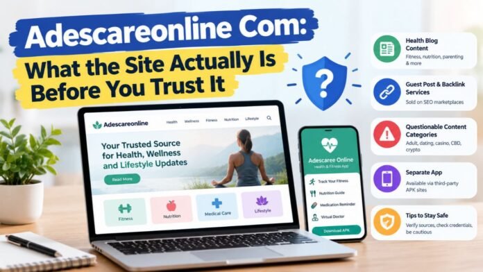 Adescareonline Com website review covering health content, backlink services, app safety, and trust concerns.