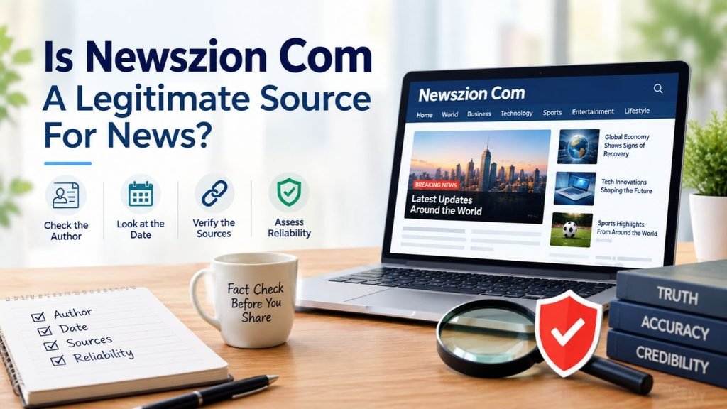 Is Newszion Com a legitimate source for news, with a laptop, fact-checking checklist, source verification icons, and credibility symbols.