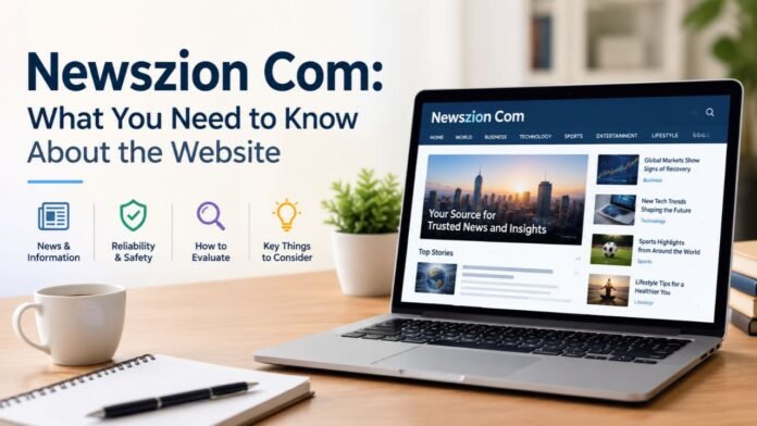 Newszion Com website guide showing a laptop with news content, reliability tips, and information about the online platform.